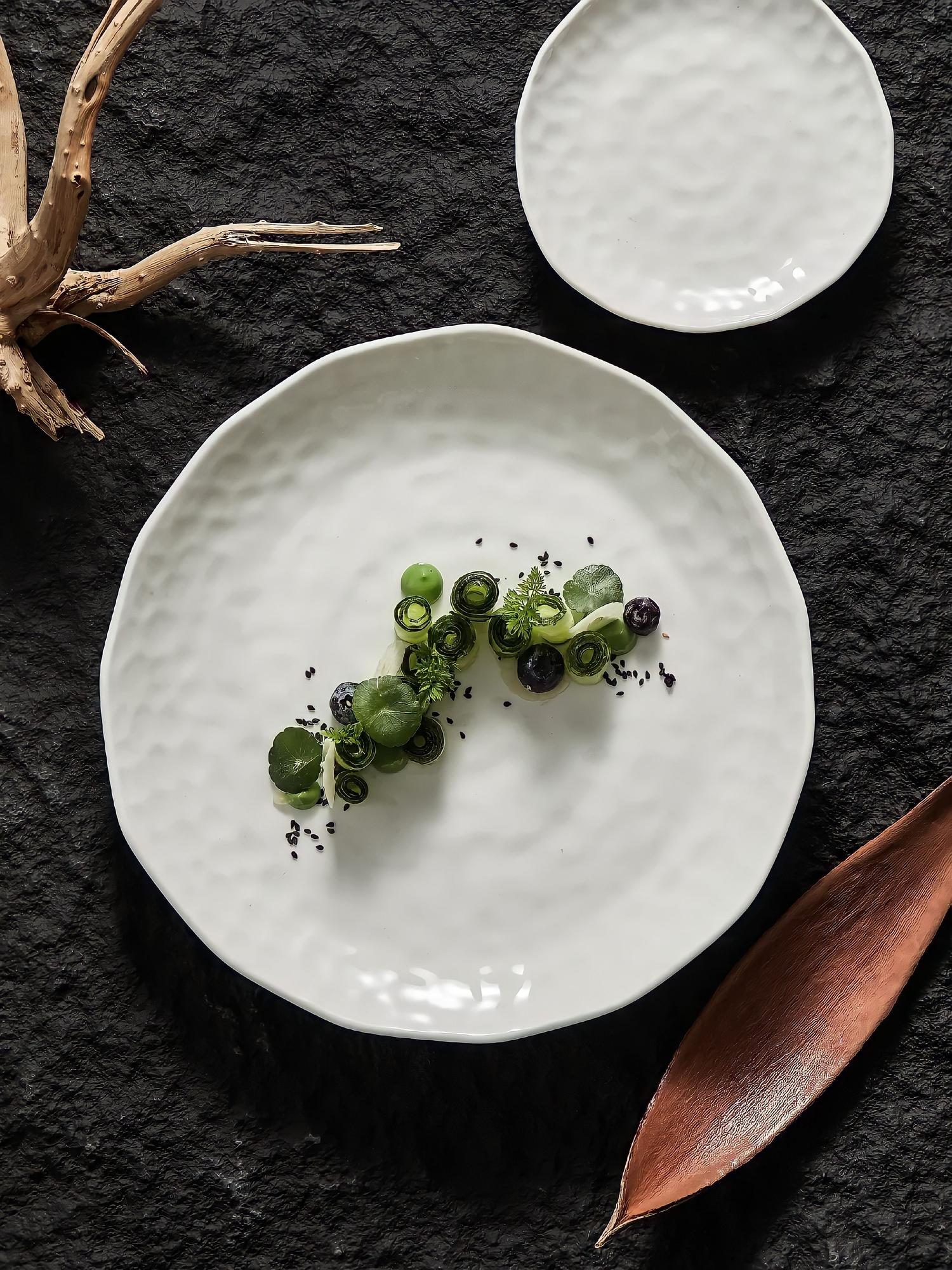 Plated dish with minimalist styling